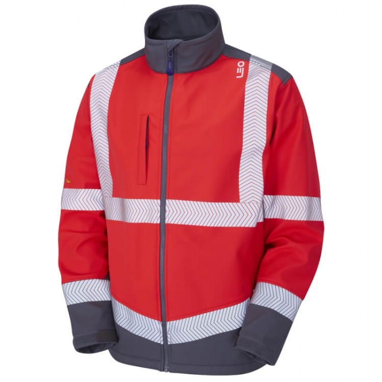 Leo Workwear SJ02-R/GY-LEO Bowden ISO 20471 Class 2 Softshell Jacket Red/Grey